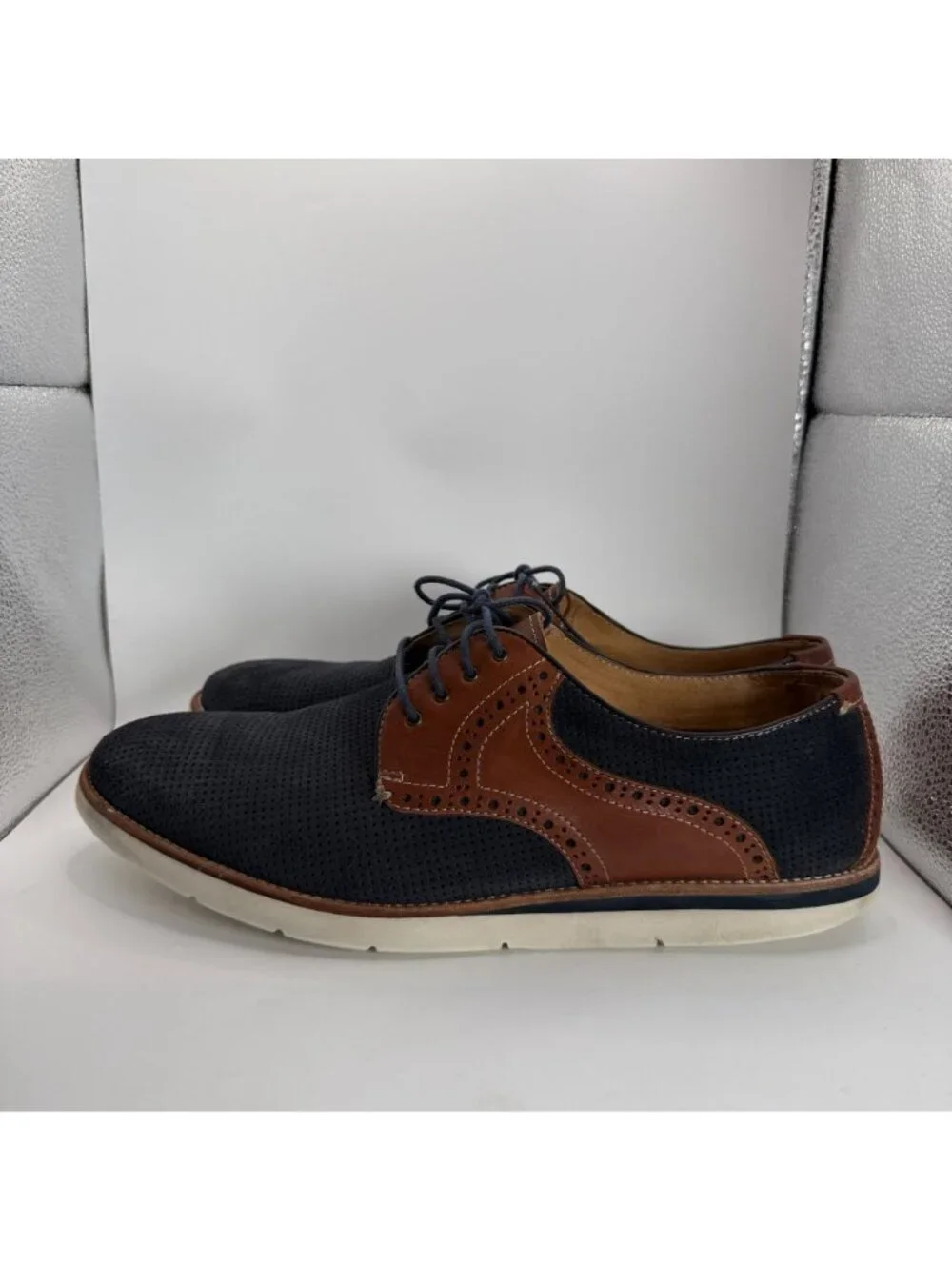 Johnston & Murphy Navy Brown Perforated Leather Sheepskin Oxford Mens Shoes 11.5